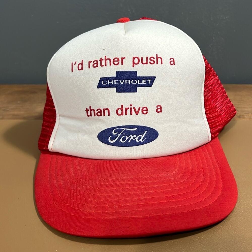 Vintage red & white trucker hat Id Rather Push A Chevy Than Drive A Ford Snaps